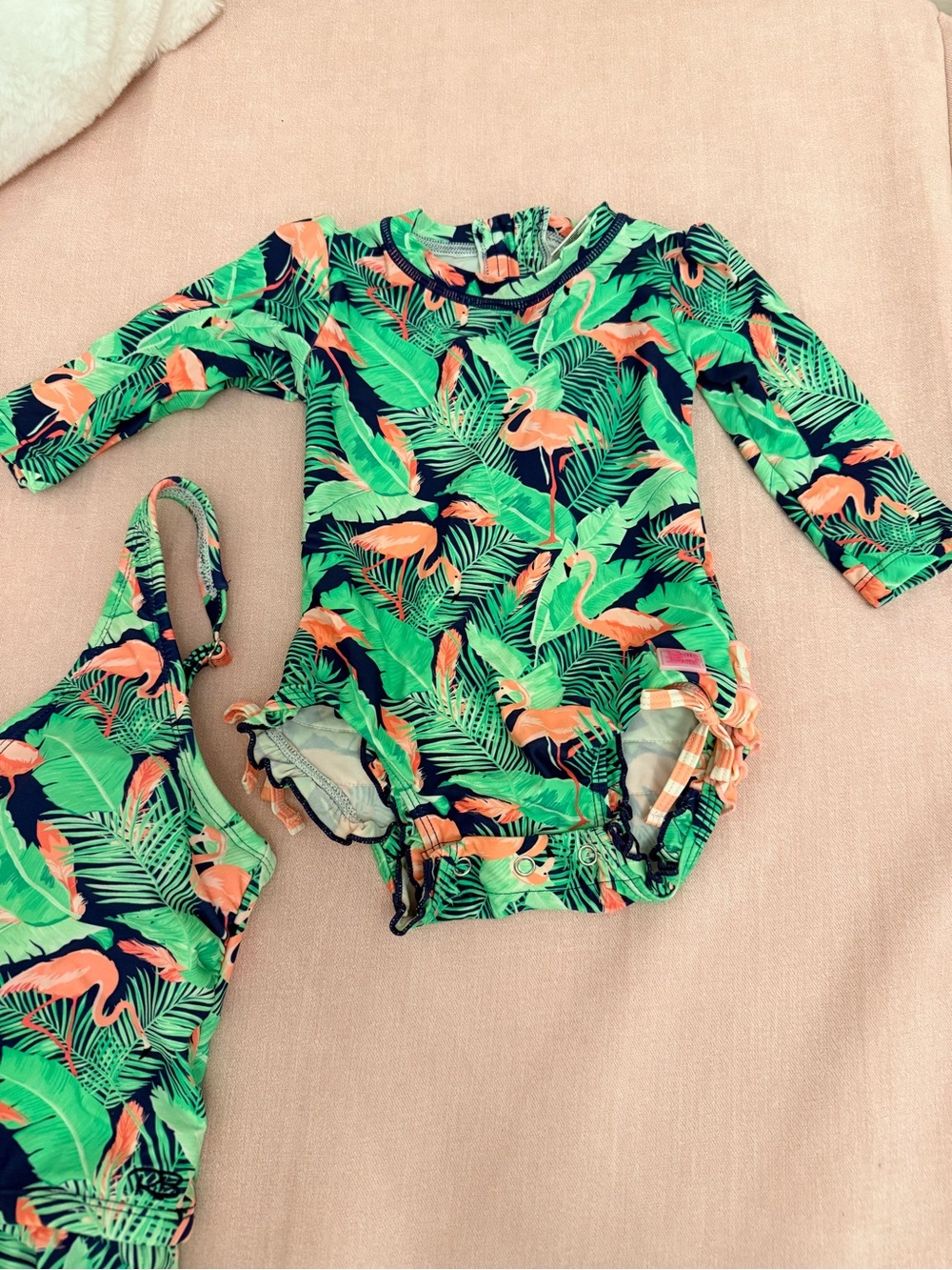 (mommy and me) Ruffle Butts Green Tropical Flamingo Swim Set - Picture 2 of 3
